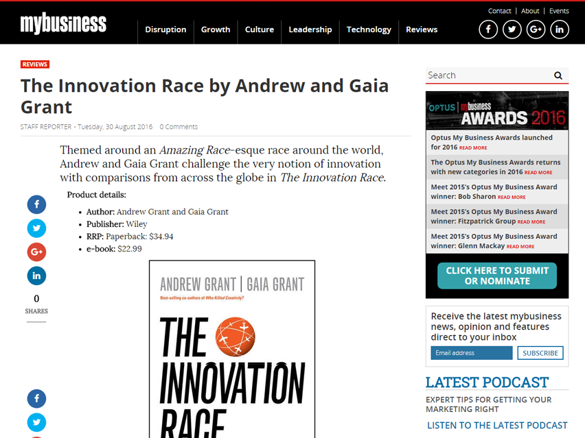 Themed around an Amazing Race-esque race around the world, Andrew and Gaia Grant challenge the very notion of innovation with comparisons from across the globe in The Innovation Race.