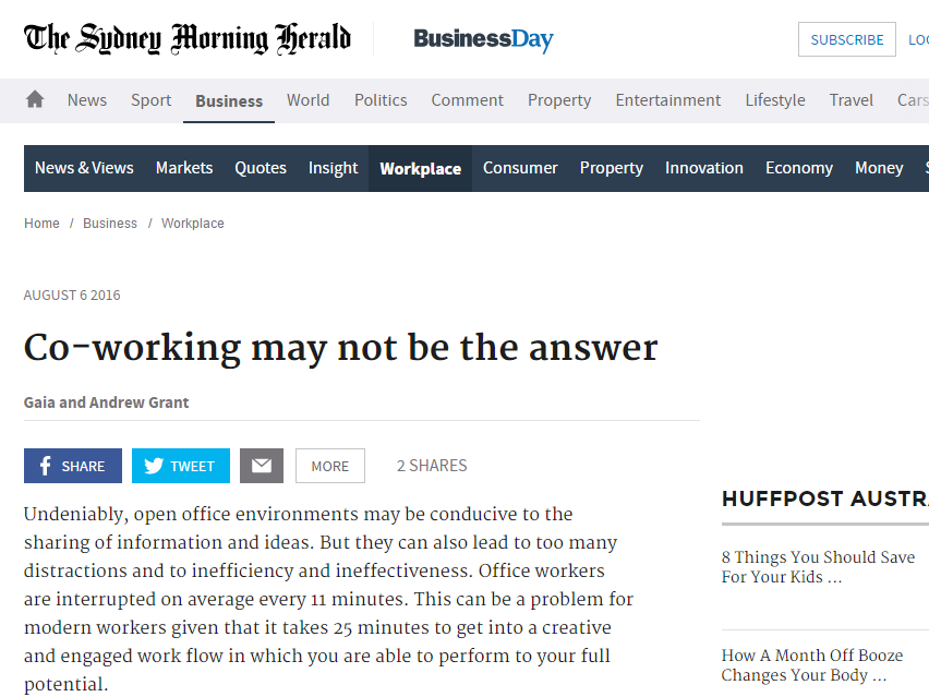 Sydney Morning Herald: Co-working may not be the answer