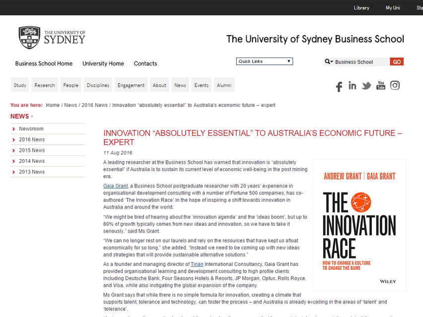 The University of Sydney Business School: Innovation “absolutely Essential” To Australia's Economic Future